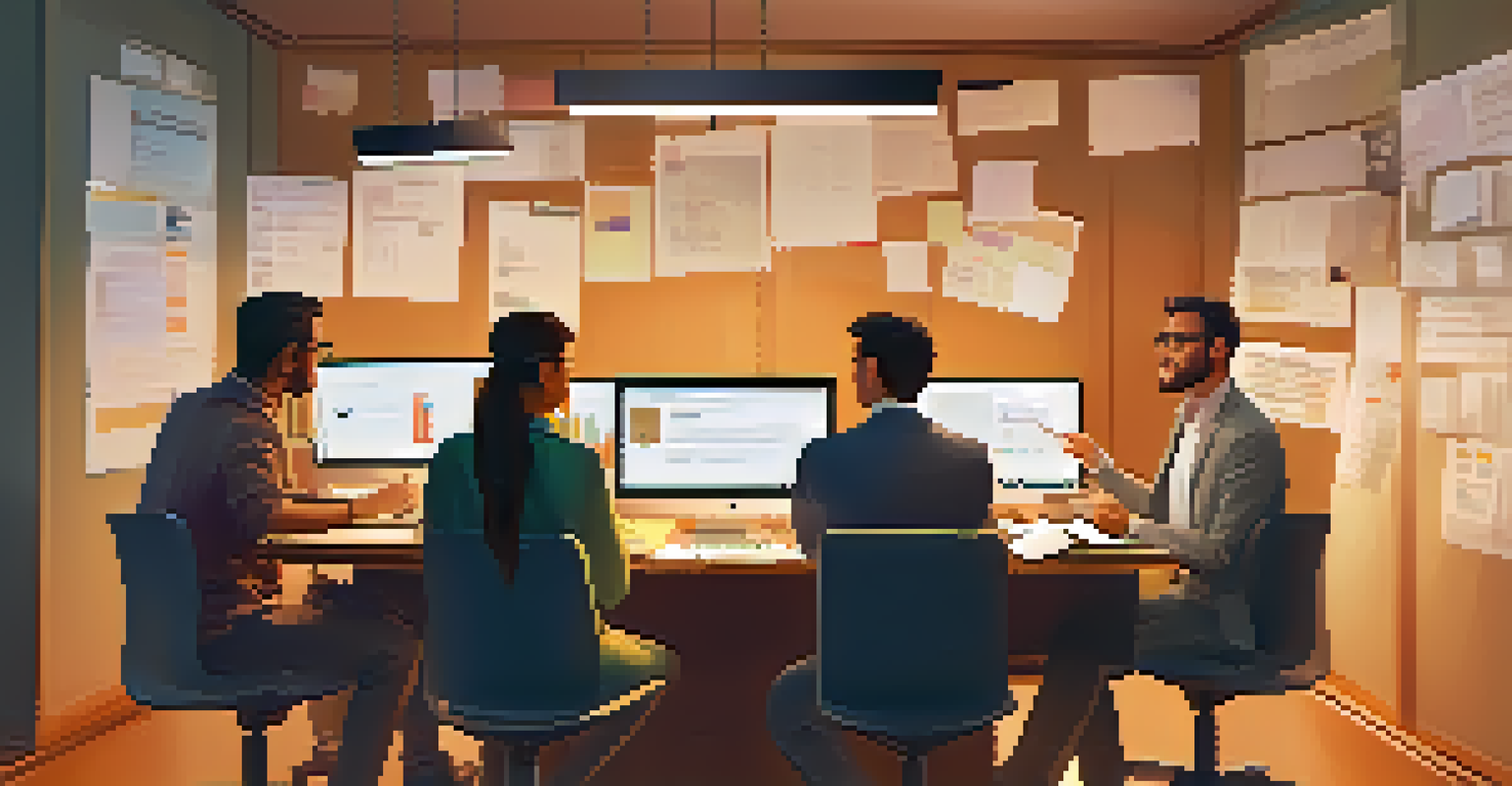 A marketing team collaborating around a table with user persona profiles displayed on laptops and papers.