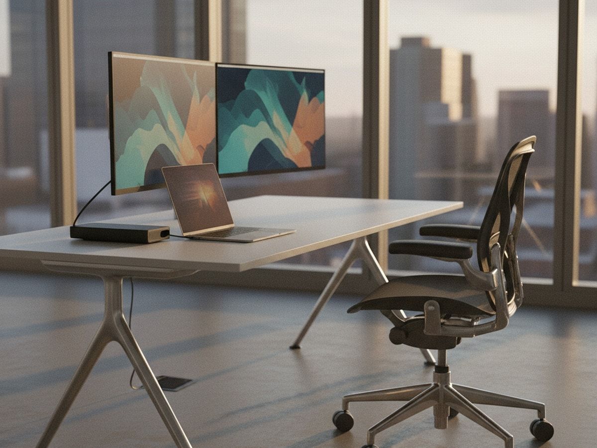 Macbook an einer Docking Station angeschlossen mit zwei Monitoren im Hintergrund