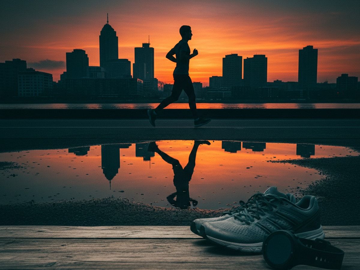 Laufschuhe, Laufsocken und GPS-Uhr für die halbmarathon vorbereitung auf einem Holztisch