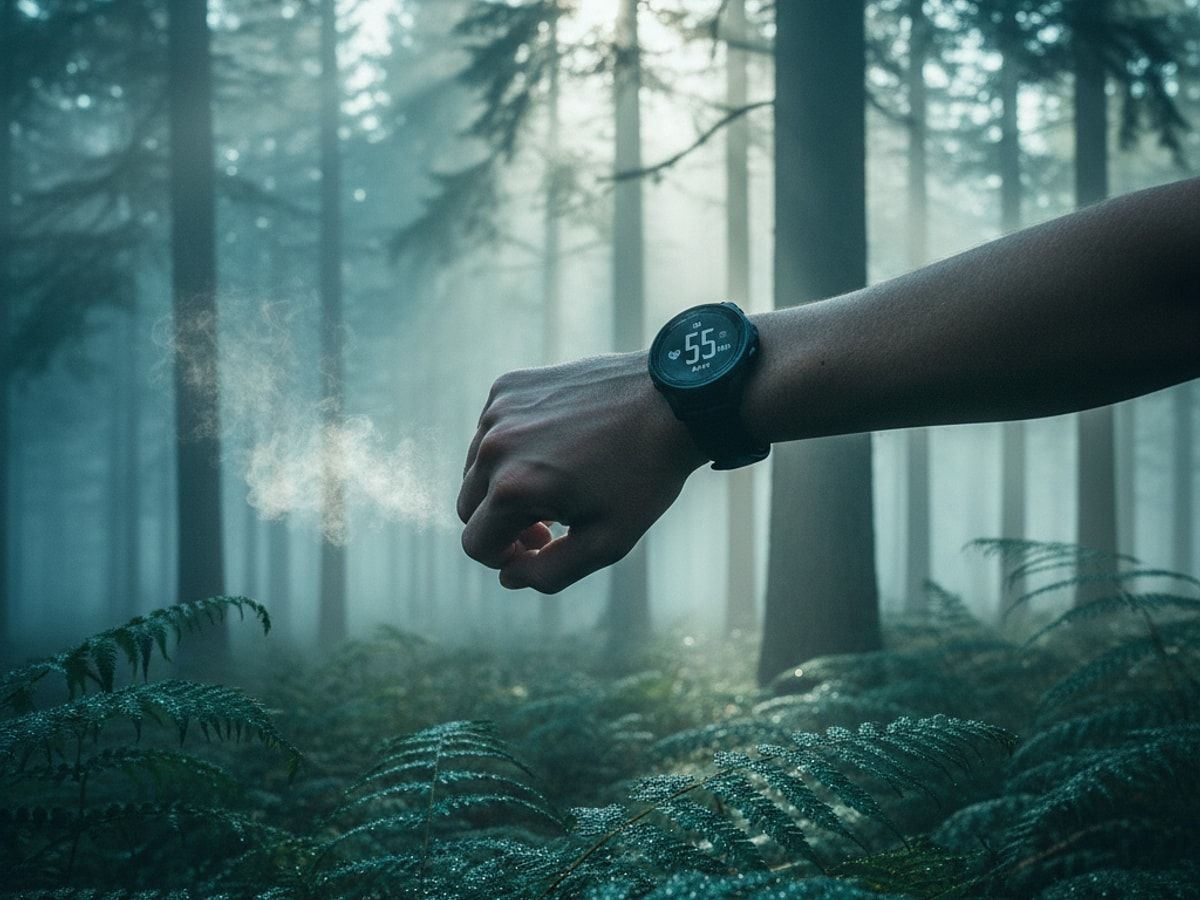 Smartwatch am Handgelenk zeigt Herzfrequenz beim Laufen