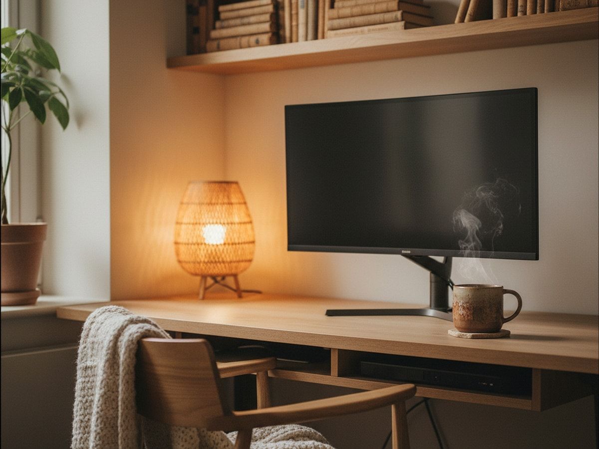 Aufgeräumter Schreibtisch mit Kabelwanne und Monitorarm