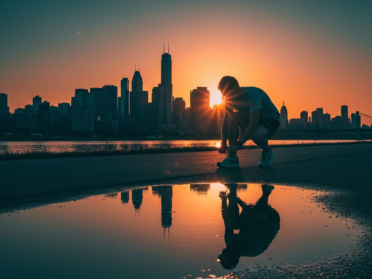 Läufer schnürt seine Pronation Laufschuhe im Park