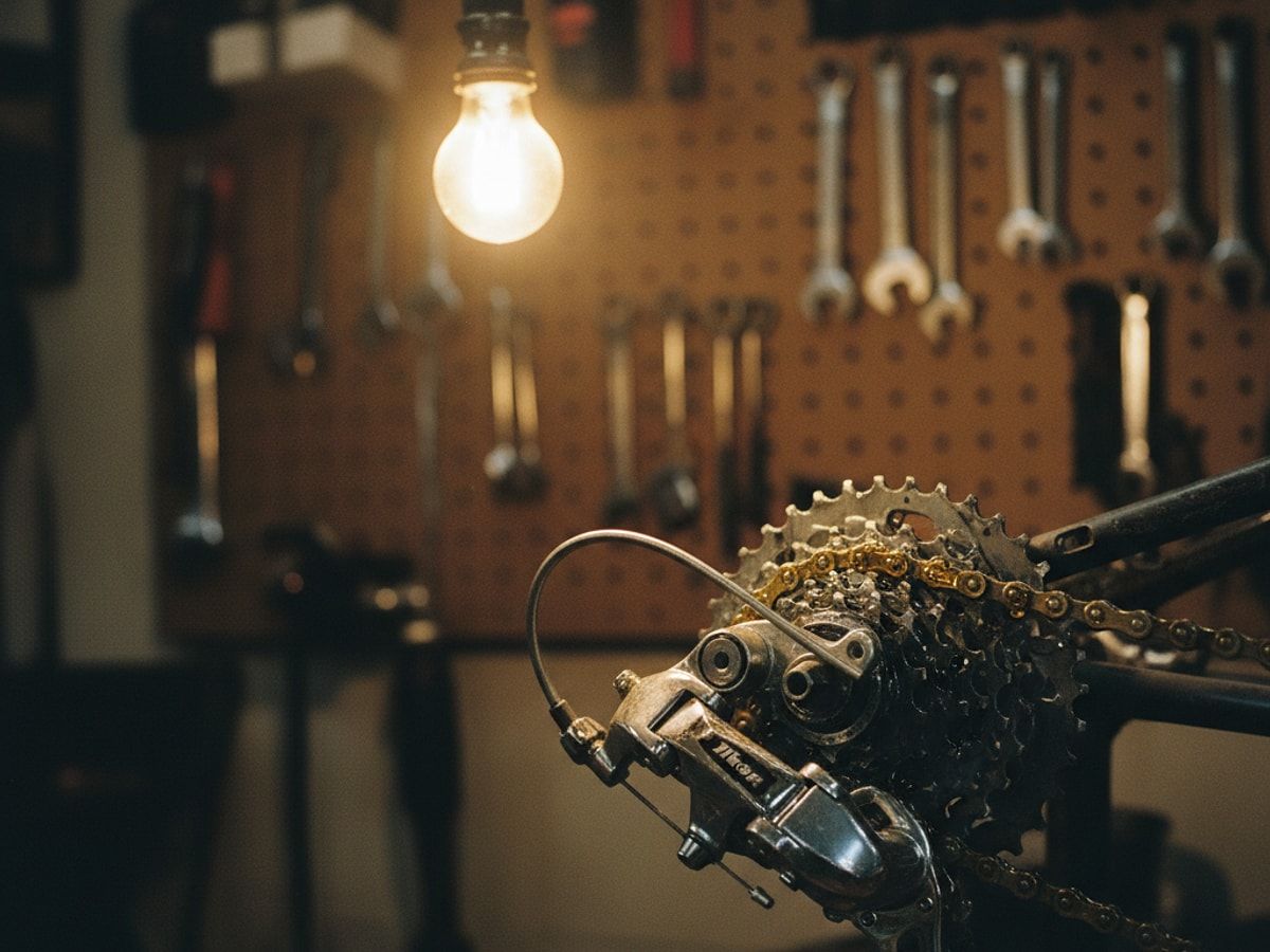 Glücklicher Radfahrer auf neuem Trekking E-Bike auf einem Waldweg