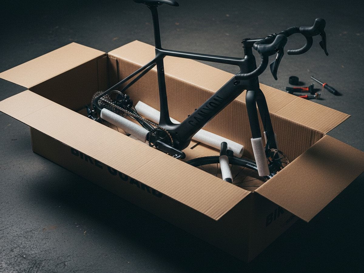 Ein teilweise montiertes Canyon Gravelbike im Bike Guard Karton