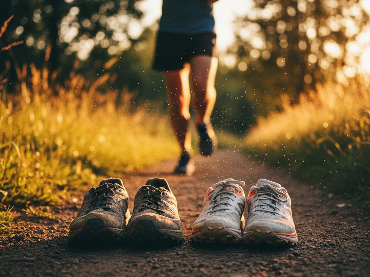 Abgenutzte Sohle eines Laufschuhs im Vergleich zu einem neuen Modell