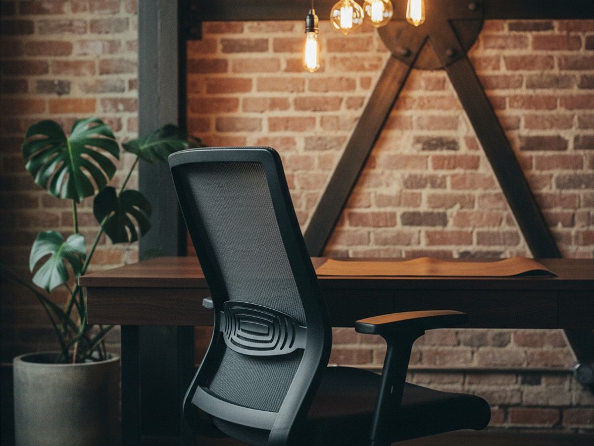 Detailansicht der Netzrückenlehne und der festen Armlehnen des IKEA Markus