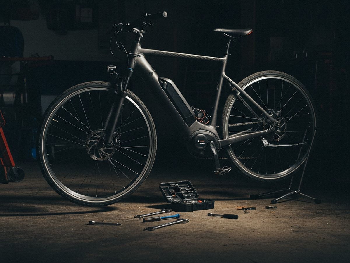 E-Bike Wartung und Inspektion in der heimischen Garage mit Werkzeug