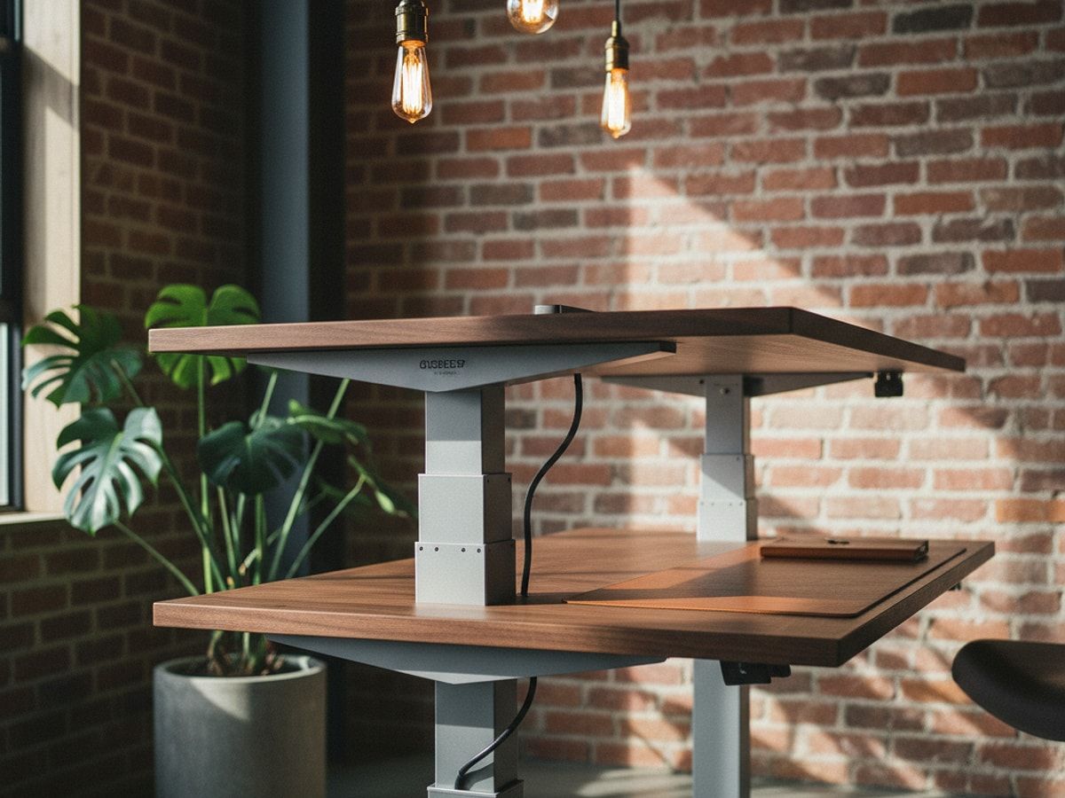 Detailaufnahme der dreistufigen Hubsäulen eines Schreibtisches