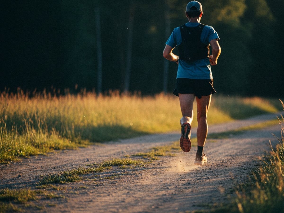 Läufer bei der halbmarathon vorbereitung auf einer Landstraße im Sonnenaufgang