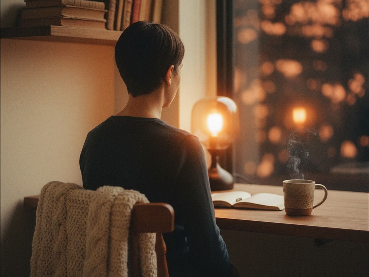 Eine Person sitzt ergonomisch korrekt am Schreibtisch, Fokus auf die Haltung