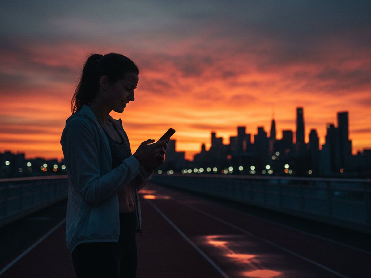 Läuferin schaut nach dem Training zufrieden auf ihre Lauf-App