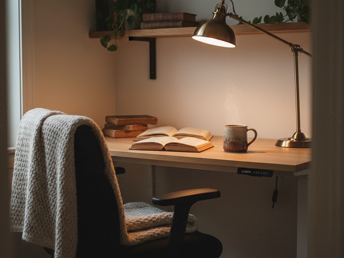Ein aufgeräumtes Home-Office mit einem höhenverstellbaren Schreibtisch und einem ergonomischen Stuhl
