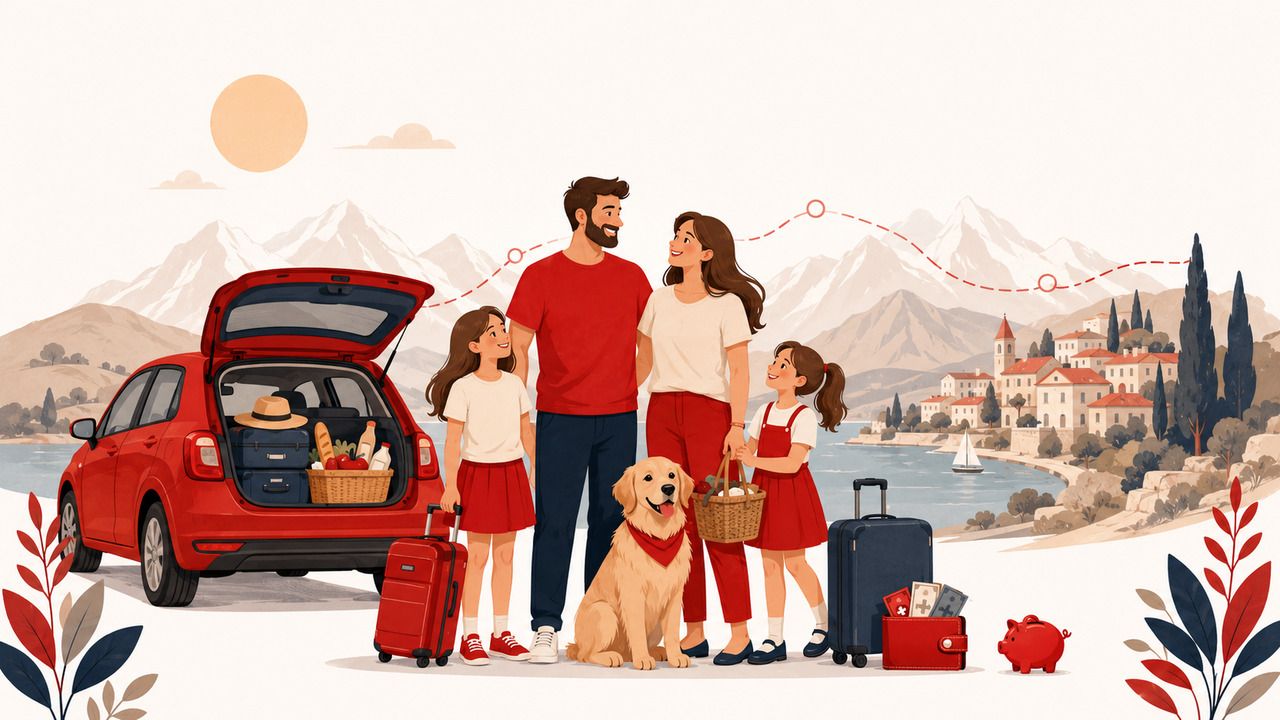 Vierköpfige Familie mit Hund auf einer sommerlichen Ferienreise mit dem Auto