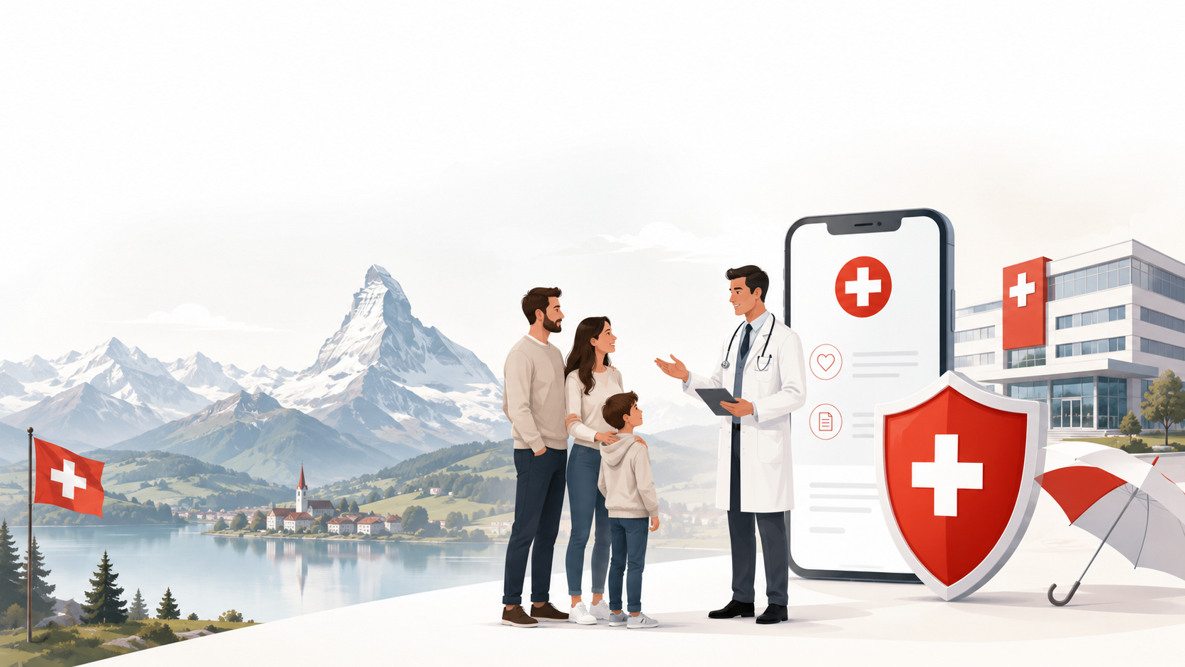Illustration of a family with a doctor in a Swiss alpine landscape with the Matterhorn, smartphone with health app and shield with Swiss cross, representing health insurance in Switzerland.