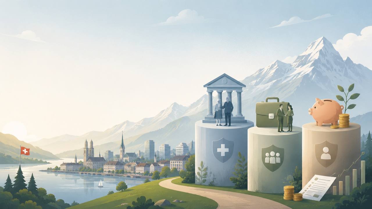 Illustration des Schweizer Drei-Säulen-Systems: AHV (1. Säule), BVG (2. Säule) und 3a/3b (3. Säule), mit Schweizer Alpenlandschaft im Hintergrund