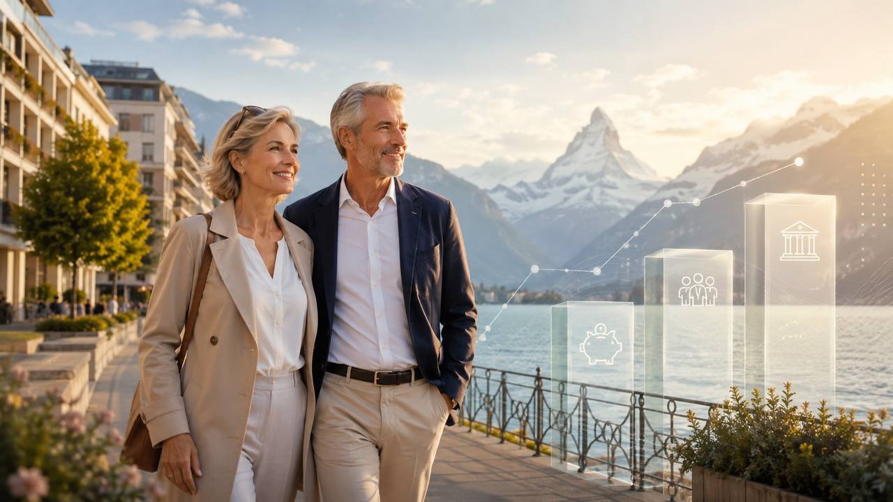 Paar beim Spaziergang am Genfersee mit Schweizer Alpen im Hintergrund — Finanzwachstumsgrafiken symbolisieren die Rentenplanung in der Schweiz