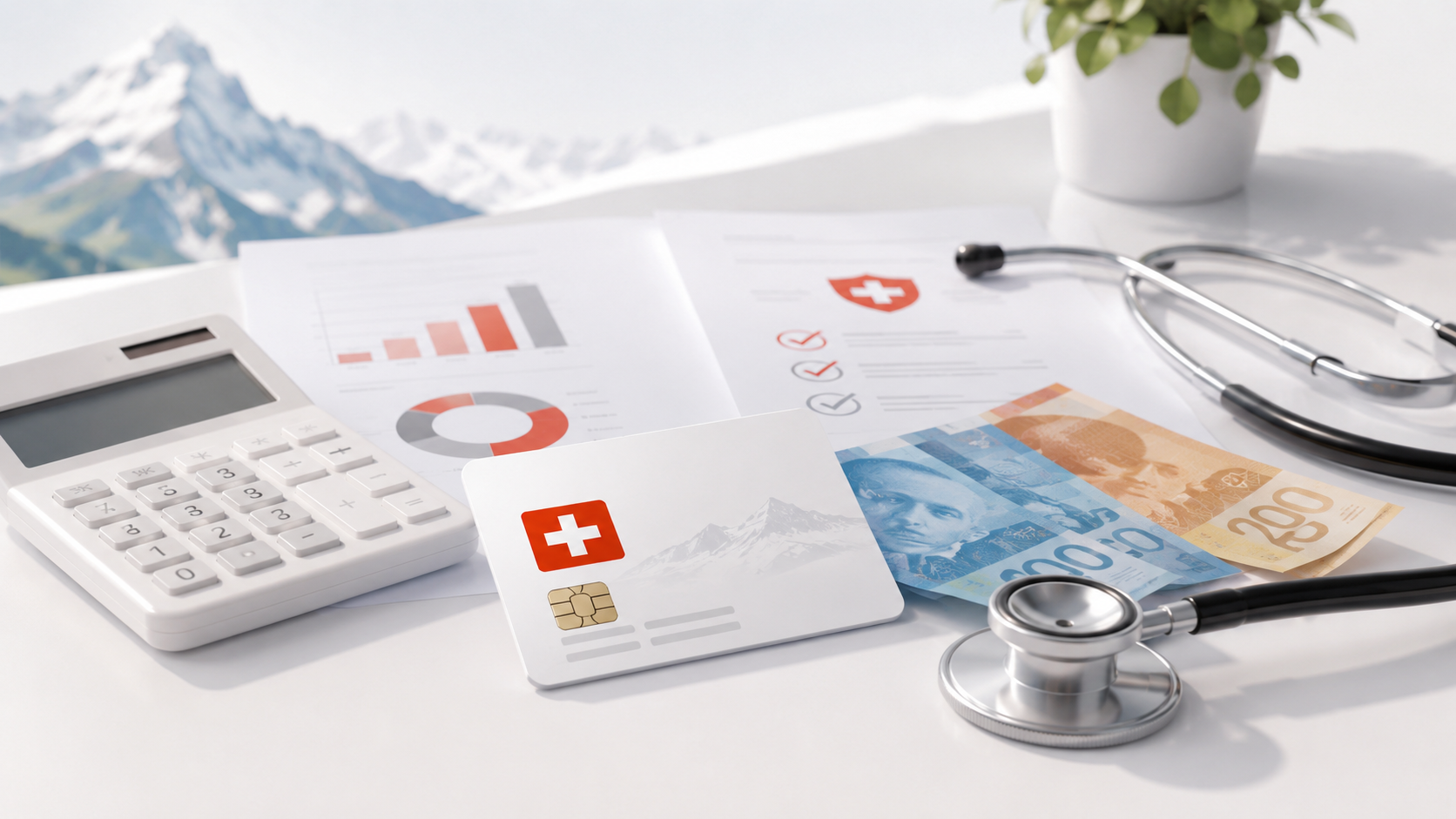 Flat lay of Swiss health insurance card, calculator, stethoscope, Swiss franc notes and charts with blurred alpine mountains in background.