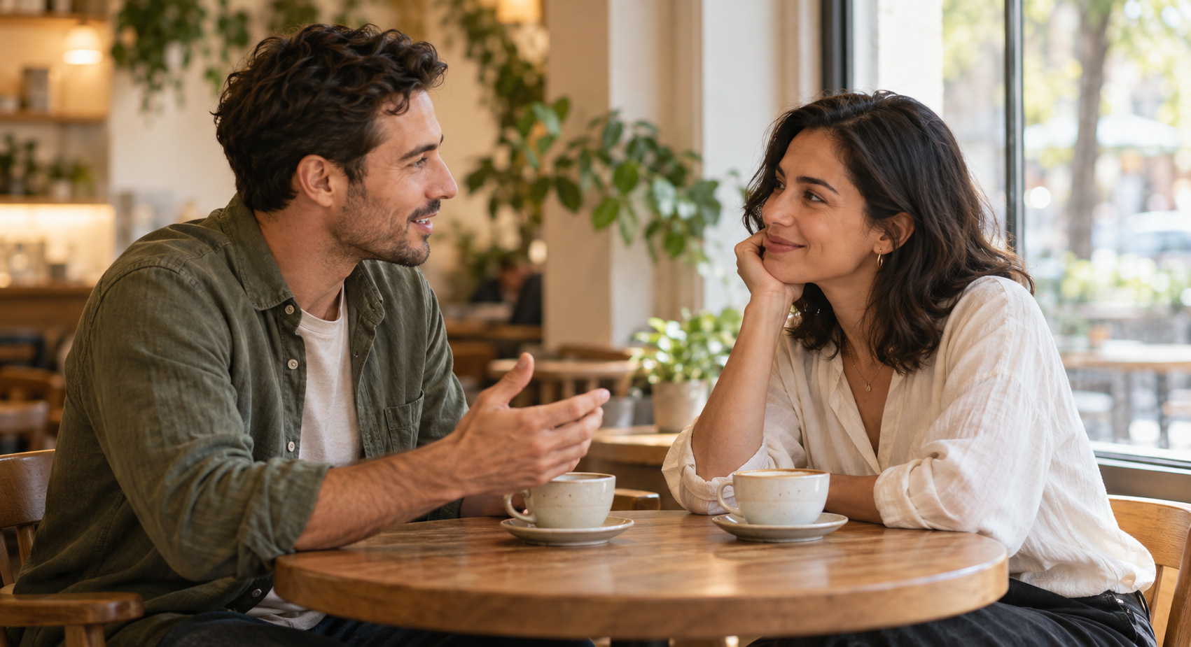 カフェで向かい合い、穏やかに会話をする2人