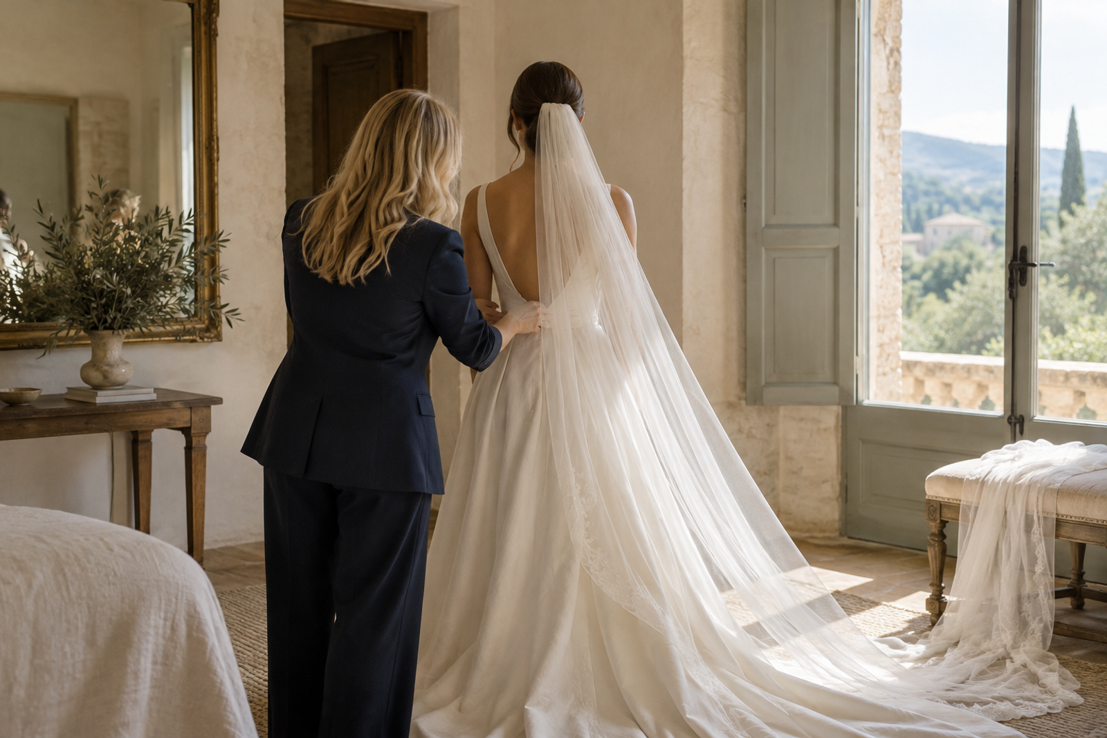 Una profesional ajusta el vestido de una novia de largo velo junto a una ventana con vistas a la campiña.