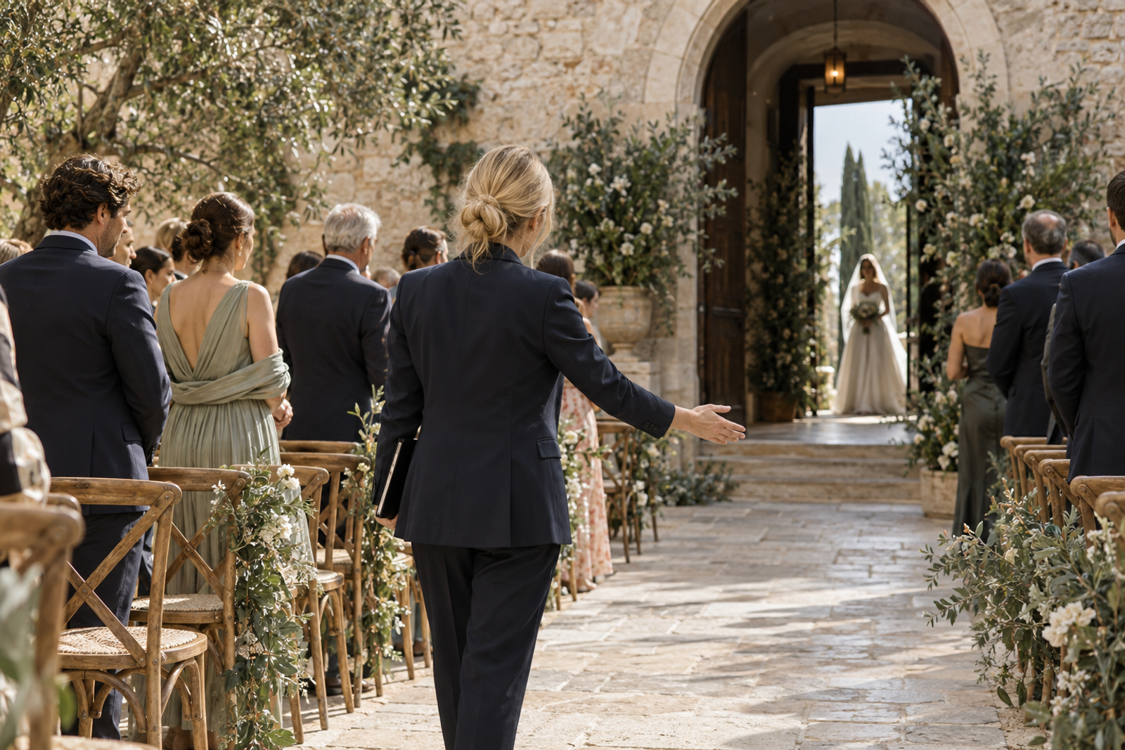 La coordinadora da paso a la novia por el pasillo de la ceremonia entre los invitados.