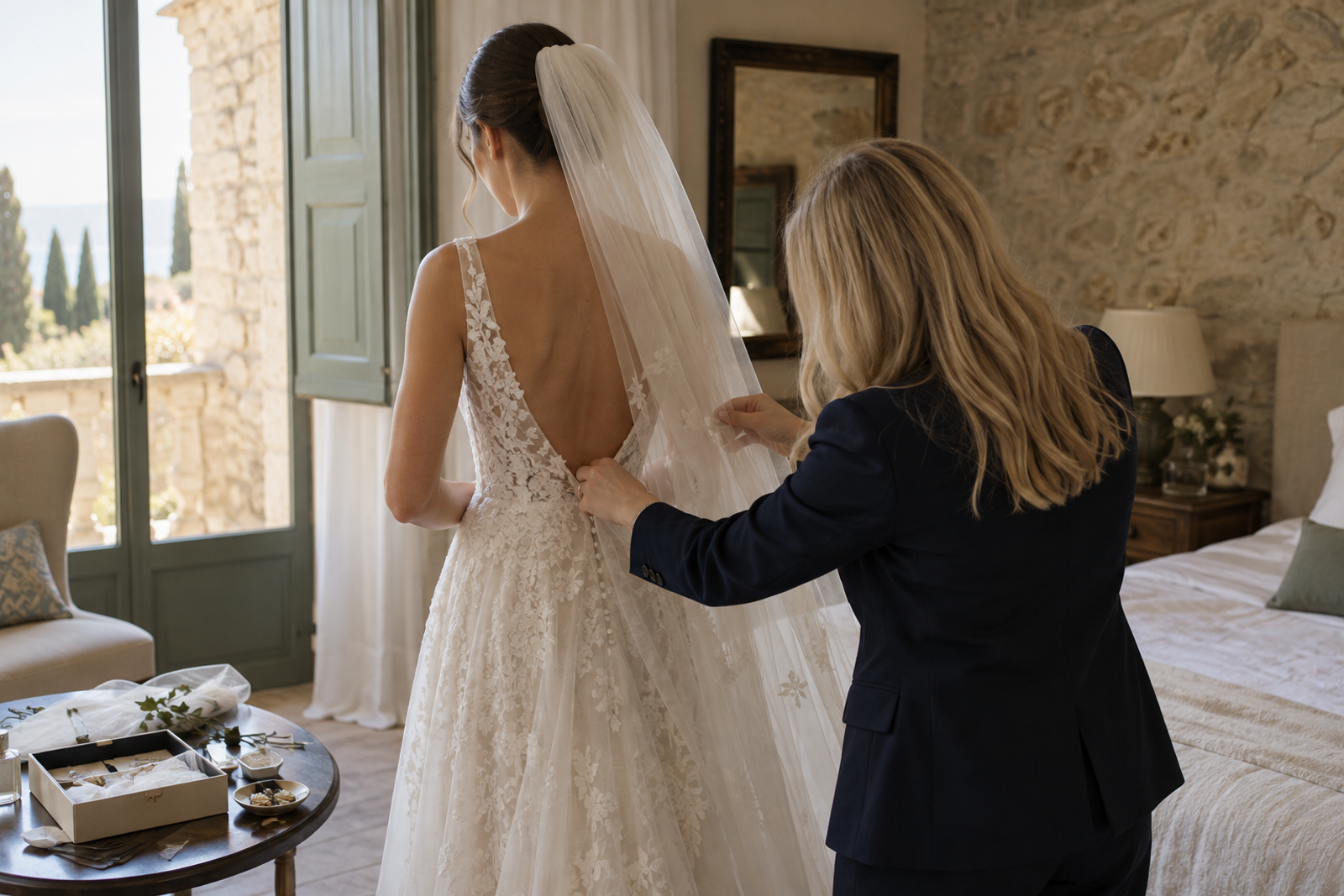 Una profesional abrocha el vestido de encaje de una novia y le coloca el velo en su habitación.