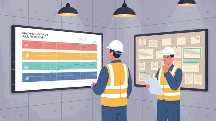 Industrial control room scene with water treatment engineers reviewing a wall-mounted dashboard of stacked treatment stages