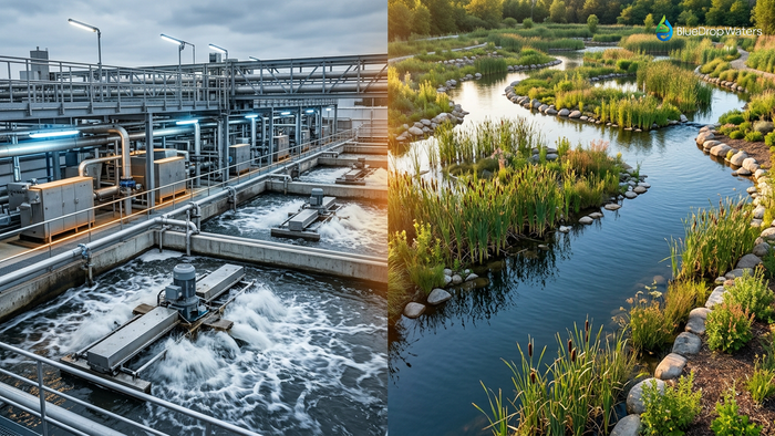 Side-by-side comparison of conventional mechanical wastewater treatment plant with aerators and pipes versus natural constructed wetland system with vegetation and flowing channels