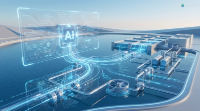 Digital illustration depicting AI technology seamlessly integrating with water systems using abstract circuits and data streams, in a modern futuristic style with blue and silver tones.