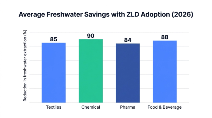 Bar chart showing average freshwater savings with zld adoption (2026) — data visualization for reduction in freshwater extraction (%)