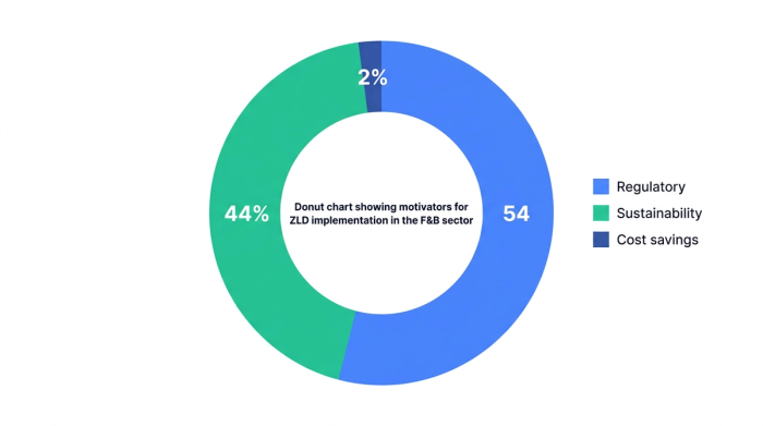 Pie chart showing donut chart showing motivators for zld implementation in the f&b sector: regulatory 54%, sustainability 44%, cost savings 2% — data visualization for motivators for zld implementation in f&b sector (%)