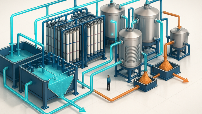 Technical cutaway illustration of zero liquid discharge system showing treatment stages from pre-treatment tanks through membrane filtration to evaporators and crystallizers with flow indicators
