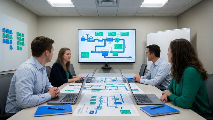 Documentary-style editorial photograph of a conference room with engineers and sustainability professionals reviewing water system diagrams on a large screen