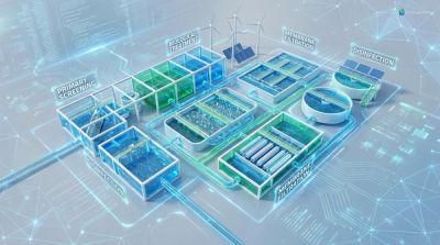 Digital illustration of a modern turnkey wastewater treatment facility with blue and green hues, showcasing futuristic infrastructure and water flow.