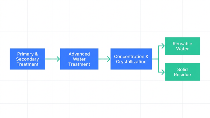 Process flow diagram illustrating the sequential stages of a zero liquid discharge plant from influent through treatment to reusable water and solid residue