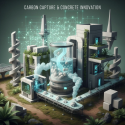 Futuristic cement plant showcasing carbon mineralization technology with green plants and modern concrete structures.