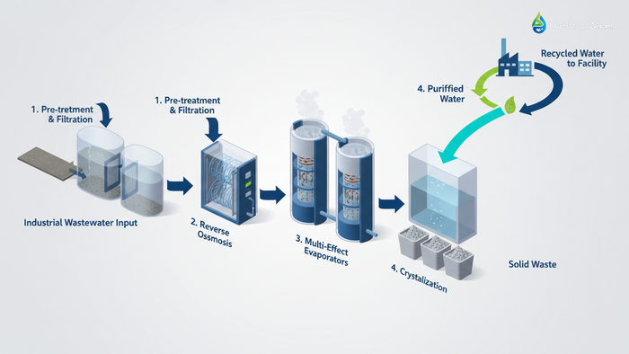 Detailed technical infographic showing Zero Liquid Discharge water treatment process flow from contaminated wastewater through pre-treatment, reverse osmosis, evaporation, and crystallization to clean water recycling