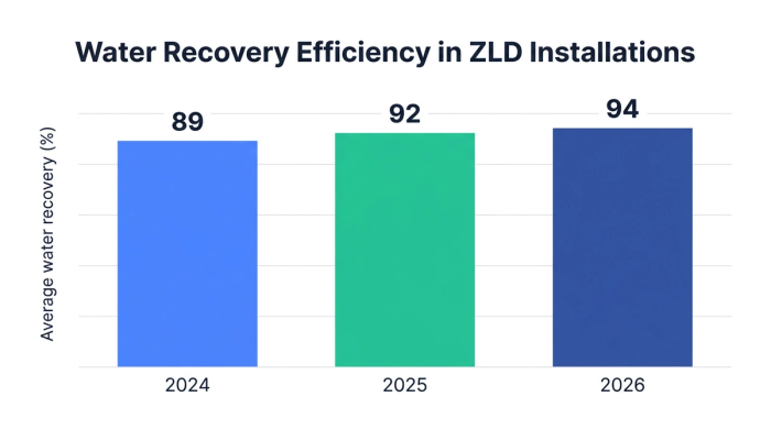 Bar chart comparing average water recovery efficiency in ZLD installations across 2024, 2025, and 2026