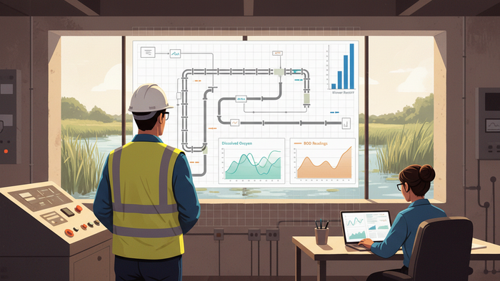 Editorial illustration of a process engineer in a control room reviewing a large monitoring dashboard with wastewater treatment performance charts, with aerated wetland beds visible through glass windows behind him.