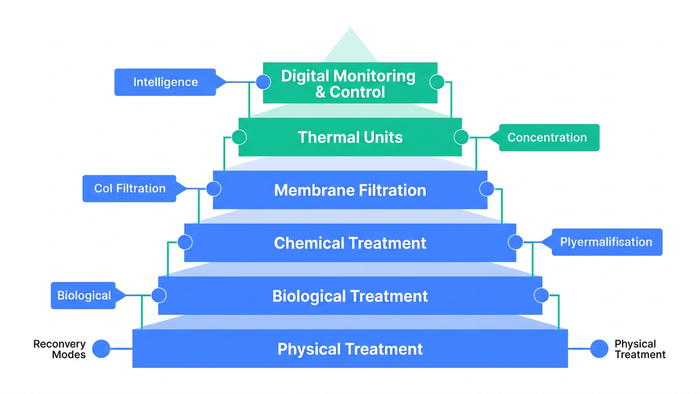 Stacked layered block diagram showing the six functional technology layers of a high-performing industrial ZLD system from physical treatment at the base to digital monitoring at the top