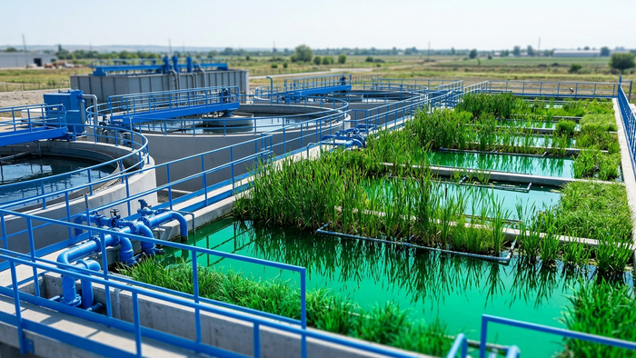 Hybrid water treatment facility with tanks and adjacent aerated constructed wetland cells seen from slightly elevated angle