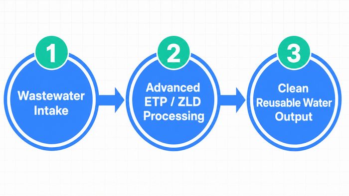 Process flowchart mapping the sequential flow of zero liquid discharge from intake to clean reusable output