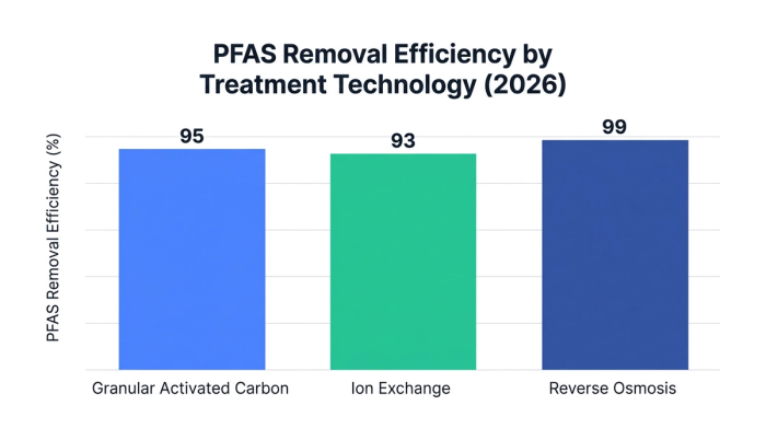 Bar chart showing pfas removal efficiency by treatment technology (2026) — data visualization for pfas removal efficiency (%)