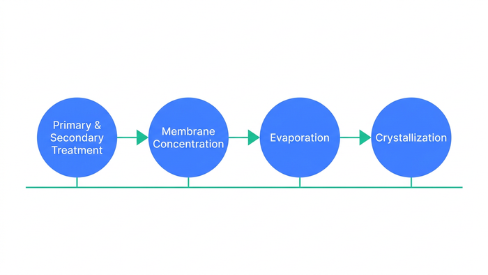 Process flow diagram of a Zero Liquid Discharge system showing four sequential stages from influent treatment to crystallization