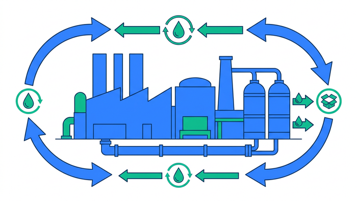 Flat illustration of an industrial plant with a closed-loop water circuit showing ZLD and resource recovery concepts