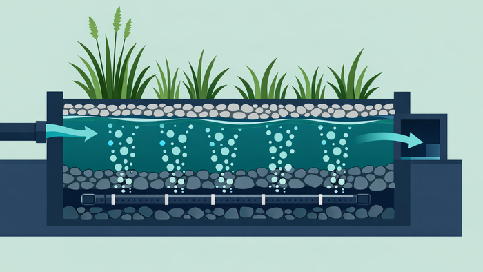 Flat illustration cross-section of an aerated constructed wetland showing gravel substrate, aquatic reed plants, subsurface air diffusers releasing bubbles, and directional wastewater flow from inlet to outlet — rendered in deep teal, sage green, and navy