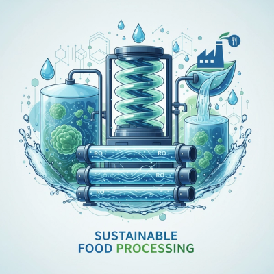 Modern illustration of wastewater treatment technologies showcasing sustainability in food processing.