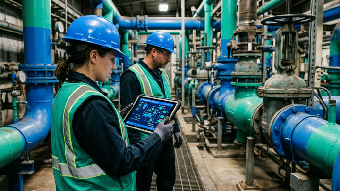 Two technicians in PPE inspecting aging industrial water treatment equipment while referencing a digital schematic on a tablet