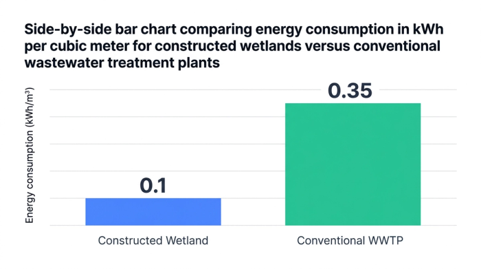 Bar chart showing side-by-side bar chart comparing energy consumption in kwh per cubic meter for constructed wetlands versus conventional wastewater treatment plants — data visualization for energy consumption (kwh/m³)