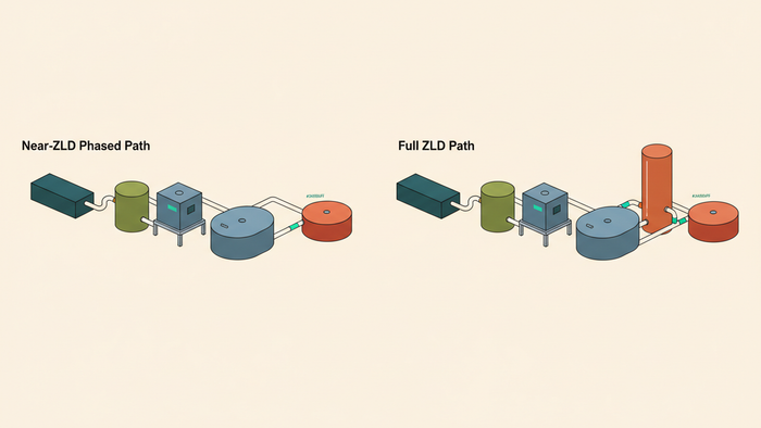 Side-by-side editorial illustration comparing two industrial water treatment trains: a near-ZLD pipeline with membrane units and a full ZLD pipeline with added thermal evaporator and crystallizer units.