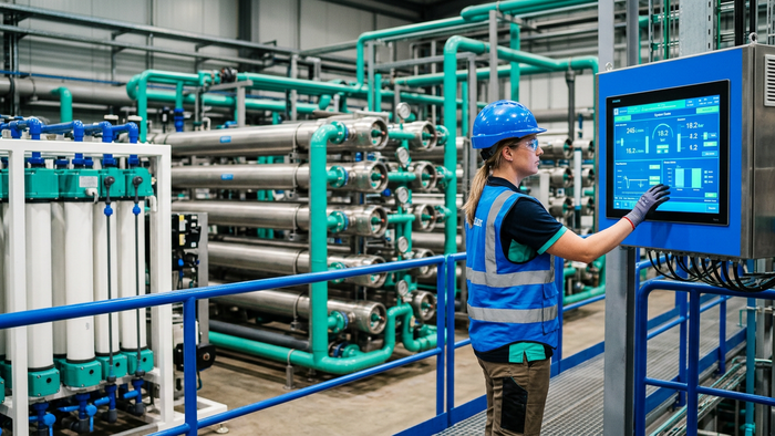 Industrial operator in a clean water treatment facility monitoring MBR membrane racks and digital control panels